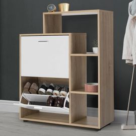 Meuble À Chaussures Imitation Hêtre 2 Portes Blanches Avec Étagère
