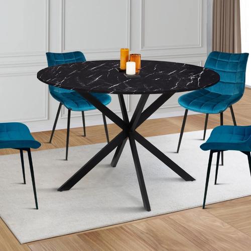 Table À Manger Ronde Alix 4-6 Personnes Pied Araignée Métal Noir Et Plateau Effet Marbre Noir Alaska 110 Cm