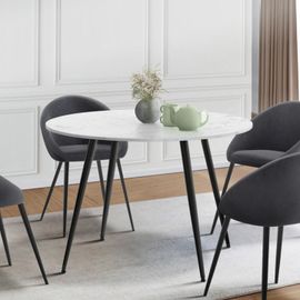 Table À Manger Ronde Amelia 4-6 Personnes Effet Marbre Blanc Alaska Pieds Métal Noir 110 Cm