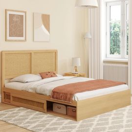 Idmarket Lit Double Edhen Avec Rangements + Tête De Lit Cannage Et Sommier 140 X 190 Cm Coloris Bois