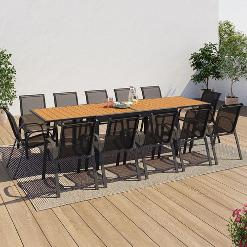 Salon De Jardin Poly Extensible Table 135-270 Cm Et 12 Chaises Bois Et Gris Foncé