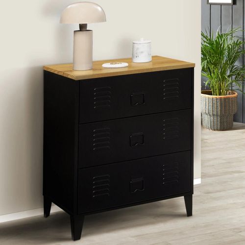 Commode Ester 60 Cm 3 Tiroirs Métal Noir Et Plateau Façon Hêtre Design Industriel