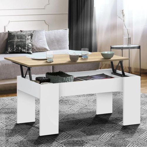 Idmarket Table Basse Plateau Relevable Rectangulaire Tara Bois Blanc Et Imitation Hêtre