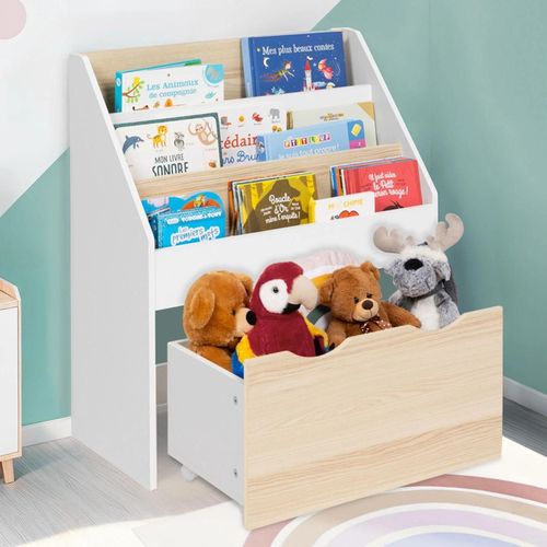 Meuble Bibliothèque Pour Enfant Blanc Et Hêtre Avec 3 Étagères Et 1 Bac