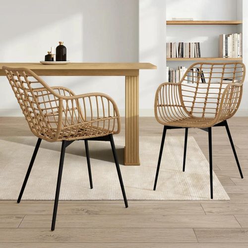 Lot De 2 Chaises De Salle À Manger, Fauteuils De Table Summer Effet Rotin Pied Métal Noir