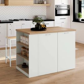 Ilot Central Tibo 120 Cm Bois Blanc Avec Plan De Travail Façon Hêtre