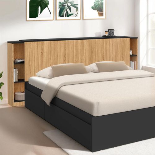 Tête De Lit Sur Pied Extensible Avec Chevets Coulissants Catba Pour Lit 140 Et 160 Cm Façon Bois Et Noir