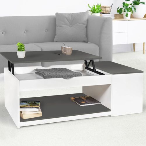 Table Basse Plateau Relevable Elea Avec Coffre Bois Blanc Et Gris