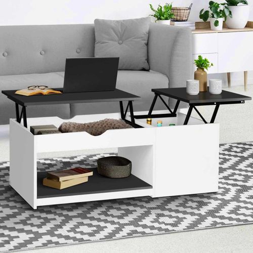 Table Basse 2 Plateaux Relevables Eyla Avec Coffre Bois Blanc Et Gris