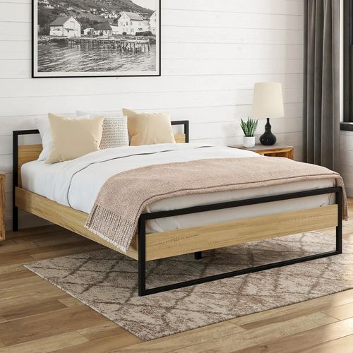 Lit Double Industriel Detroit Avec Tête De Lit Et Sommier 140 X 190 Cm Bois Et Métal Noir
