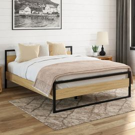 Lit Double Industriel Detroit Avec Tête De Lit Et Sommier 140 X 190 Cm Bois Et Métal Noir