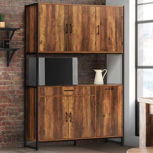 Buffet De Cuisine 120 Cm Hawkins Meuble 6 Portes Bois Foncé Design Industriel + Tiroir