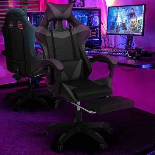 Fauteuil De Gaming Alex Réglable Et Inclinable Avec Repose-Pied, Coussin De Tête Et Coussin Lombaire Noir Et Gris