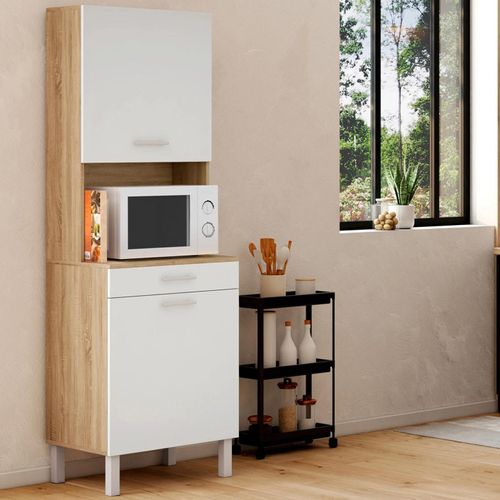 Buffet De Cuisine 60 Cm Cina 2 Portes + Tiroir Façon Hêtre Et Blanc