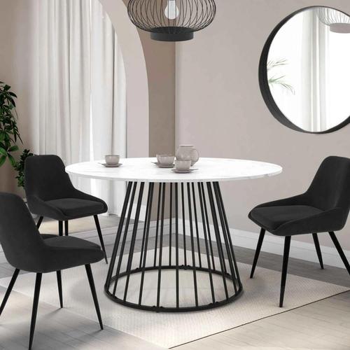 Table À Manger Ronde Yuna 4-6 Personnes Plateau Effet Marbre Blanc Alaska Et Pied Filaire En Métal Noir 110 Cm
