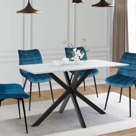 Table À Manger Rectangle Alix 4-6 Personnes Pied Araignée Métal Noir Et Plateau Effet Marbre Blanc Alaska 110 Cm