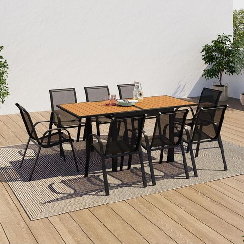 Idmarket Salon De Jardin Poly Extensible Table 90-180 Cm Et 8 Chaises Bois Et Noir