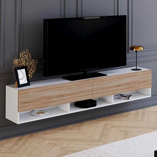 Meuble Tv 180 Cm Suspendu Elio 2 Portes Avec Étagère Blanc Et Bois