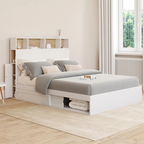 Lit Double Clem Avec Tête De Lit, Rangements Et Sommier 140 X 190 Cm Blanc
