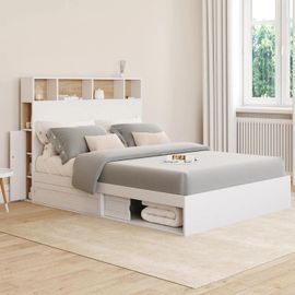 Lit Double Clem Avec Tête De Lit, Rangements Et Sommier 140 X 190 Cm Blanc