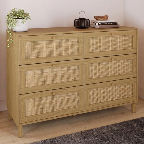 Idmarket Commode 6 Tiroirs Hanae 110 Cm Effet Naturel Cannage