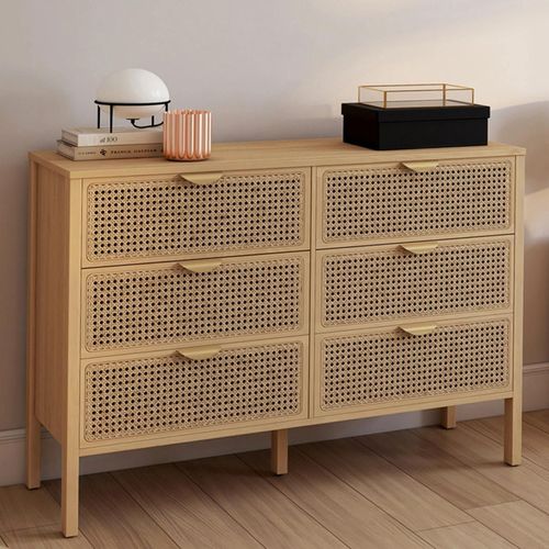 Commode 6 Tiroirs Edhen 115 Cm Cannage Coloris Bois