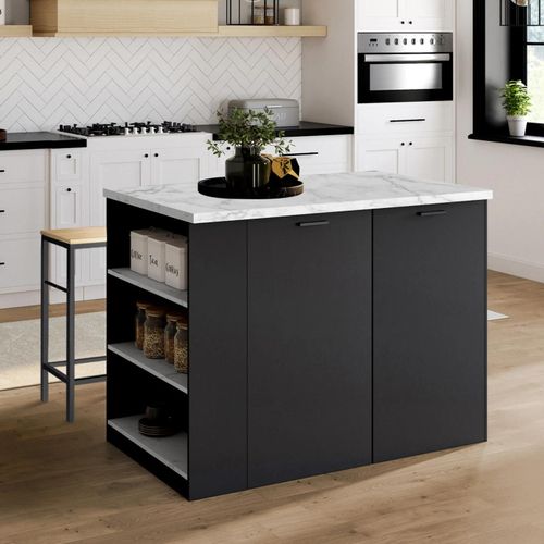 Ilot Central Tibo 120 Cm Bois Noir Avec Plan De Travail Effet Marbre Alaska