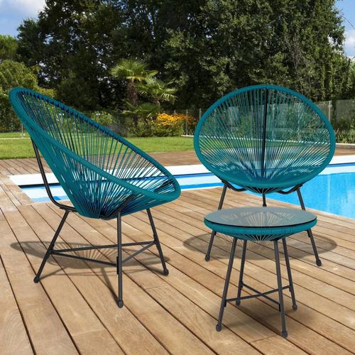 Idmarket Salon De Jardin Izmir Table Et 2 Fauteuils Oeuf Cordage Bleu Canard