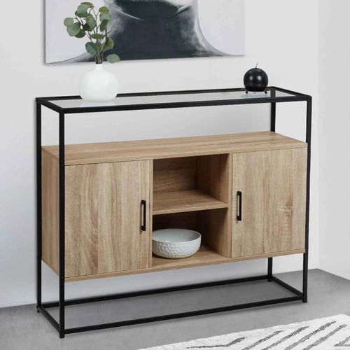 Buffet 2 Portes 100 Cm Solano Plateau En Verre Et Pied Métal Design Industriel