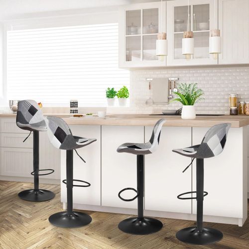 Lot De 4 Tabourets De Bar Karl Design Patchworks Noirs, Gris Et Blancs Pied Noir