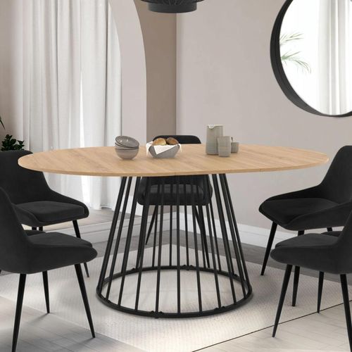 Table À Manger Extensible Ronde Yuna 6-8 Personnes Plateau Bois Et Pied Filaire En Métal Noir 110 - 150 Cm