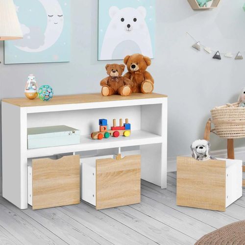 Meuble De Rangement Enfant Mana Blanc Et Hêtre 3 Tiroirs Cubes Sur Roulettes