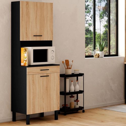 Buffet De Cuisine 60 Cm Cina 2 Portes + Tiroir Noir Et Façon Hêtre