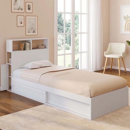 Lit Simple Clem Avec Rangement, Tête De Lit Et Sommier 90 X 190 Cm Blanc Et Hêtre