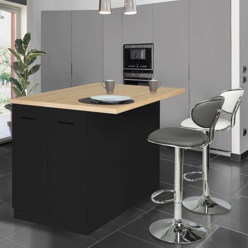 Ilot Central Ivo 120 Cm Bois Noir Avec Plan De Travail Façon Hêtre