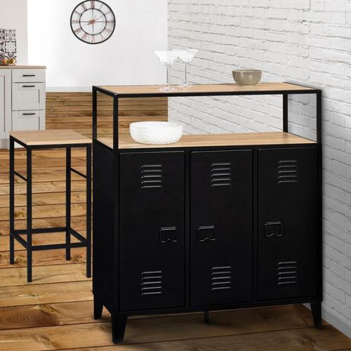 Idmarket Meuble De Bar Buffet Ester 3 Portes Métal Noir Et Plateau Bois Façon Hêtre