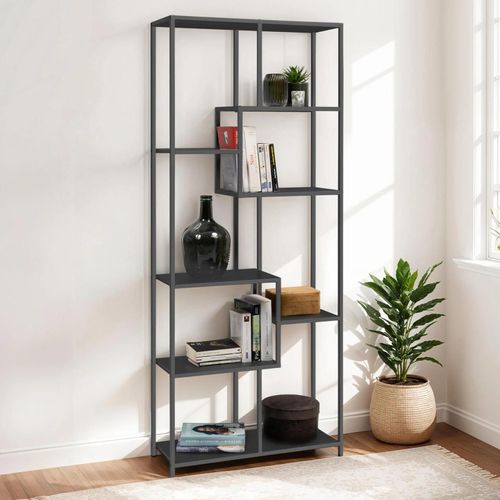 Etagère Bibliothèque Asymétrique 8 Niveaux Davis En Métal Noir Mat Design Industriel 161 Cm