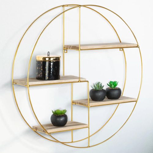 Etagère Murale Ronde Lily 4 Niveaux Bois Et Métal Doré Design Industriel