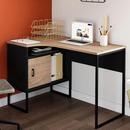 Bureau D'angle Rob Noir Et Façon Hêtre Niche De Rangement Et Porte Design Industriel