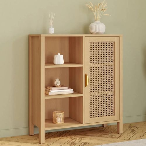 Buffet D'appoint 3 Étagères Et Placard 70 Cm Edhen Avec Cannage