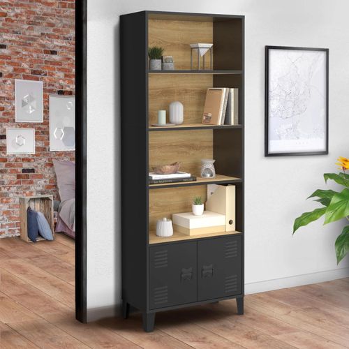 Etagère Bibliothèque 4 Niveaux Avec Placard Ester Portes Métal Noir Et Plateau Bois Design Industriel