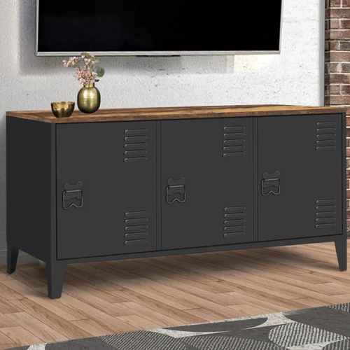 Buffet Bas 113 Cm Ester 3 Portes Métal Noir Plateau Bois Foncé Effet Vieilli Hawkins Design Industriel