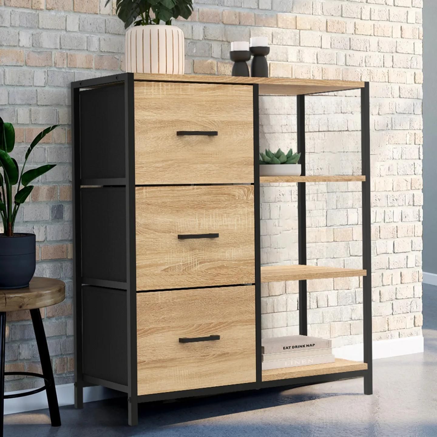 Petit Buffet D�Appoint Industriel 3 Tiroirs Et �tag�res