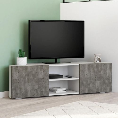 Meuble Tv 110 Cm D'angle Eli Blanc Portes Effet Béton