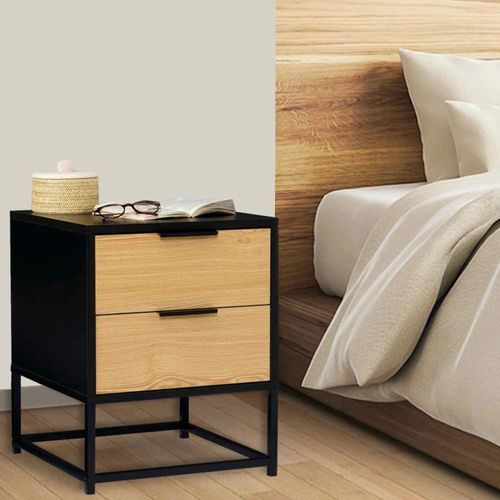 Lot De 2 Tables De Chevet Nevada 2 Tiroirs Design Industriel Noir Et Bois