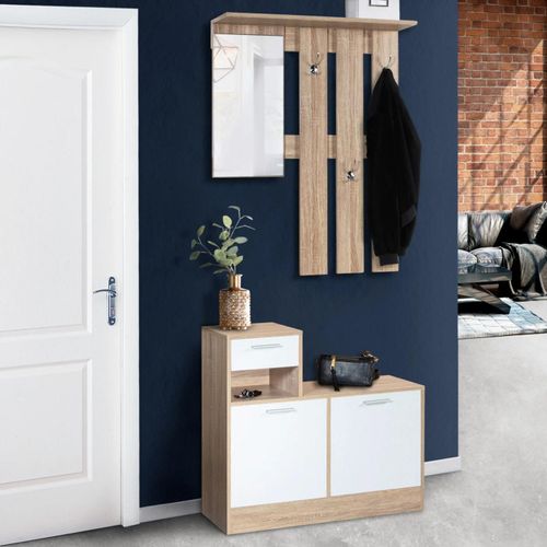 Vestiaire D'entrée Avec Miroir Design Hêtre Portes Blanches