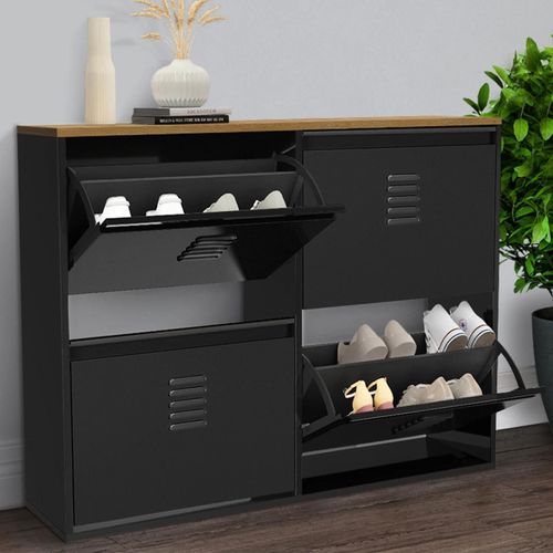 Meuble À Chaussures 20 Paires Ester 4 Portes Métal Noir Et Plateau Bois Design Industriel