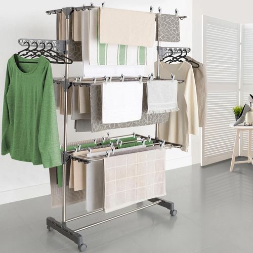 Séchoir À Linge Inox Maxima Gris Étendoir Pliable H.145 Cm + 30 Accessoires