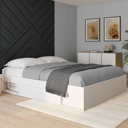 Cadre De Lit Double Salem Avec Rangements Et Sommier 160 X 200 Cm Blanc