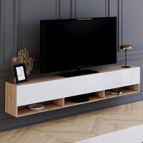 Meuble Tv 180 Cm Suspendu Elio 2 Portes Avec Étagère Bois Et Blanc